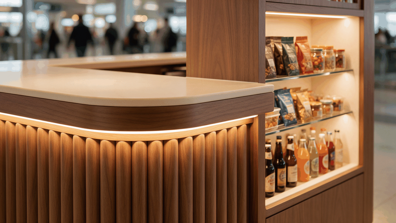 Illustrative curved wood kiosk counter with integrated LED lighting and an illuminated product display niche